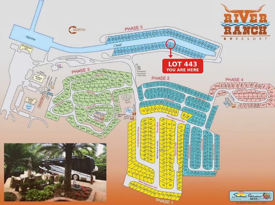 Mapa de River Ranch RV Resort mostrando la ubicación del Lote 443